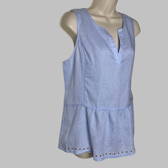 Ivanka Trump Top 100% Linen V-neck Size L Rose Gold Studded Hem Sleeveless Blue - Picture 2 of 12